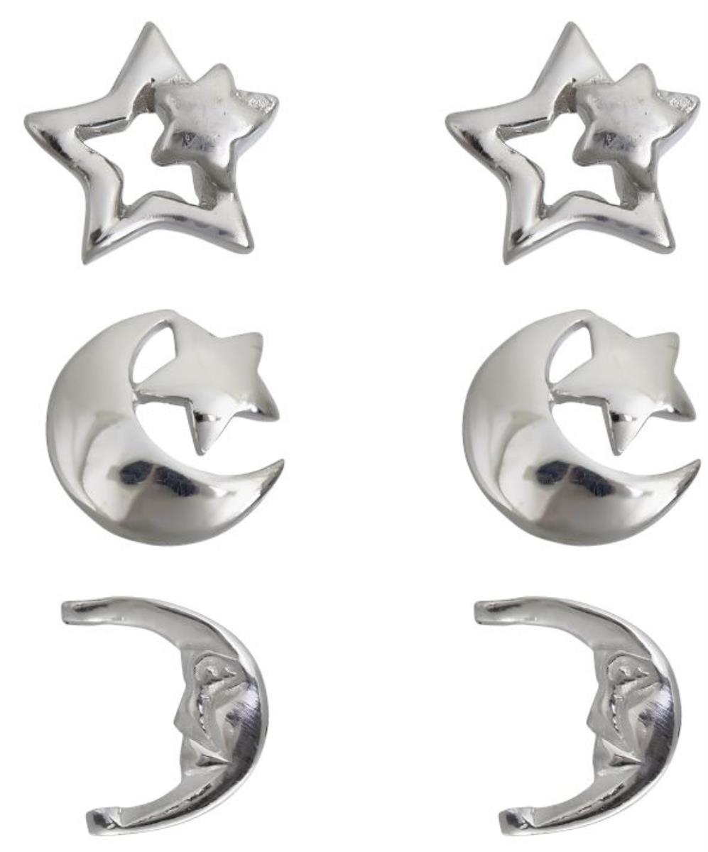 Sterling Silver Rhodium Polished Moon, Star and Moon&Star Stud Set