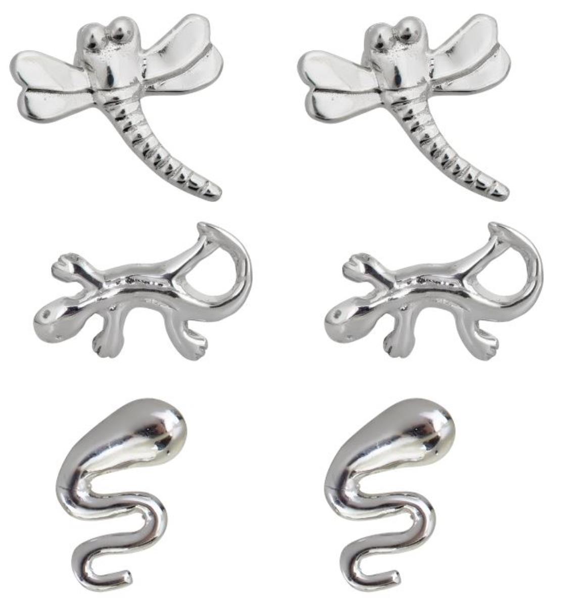 Sterling Silver Rhodium Polished Dragonfly, Lizard and Snake Stud Set
