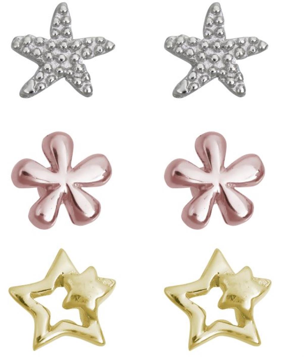 Sterling Silver Tricolor Polished Flower, Starfish and Star Stud Set