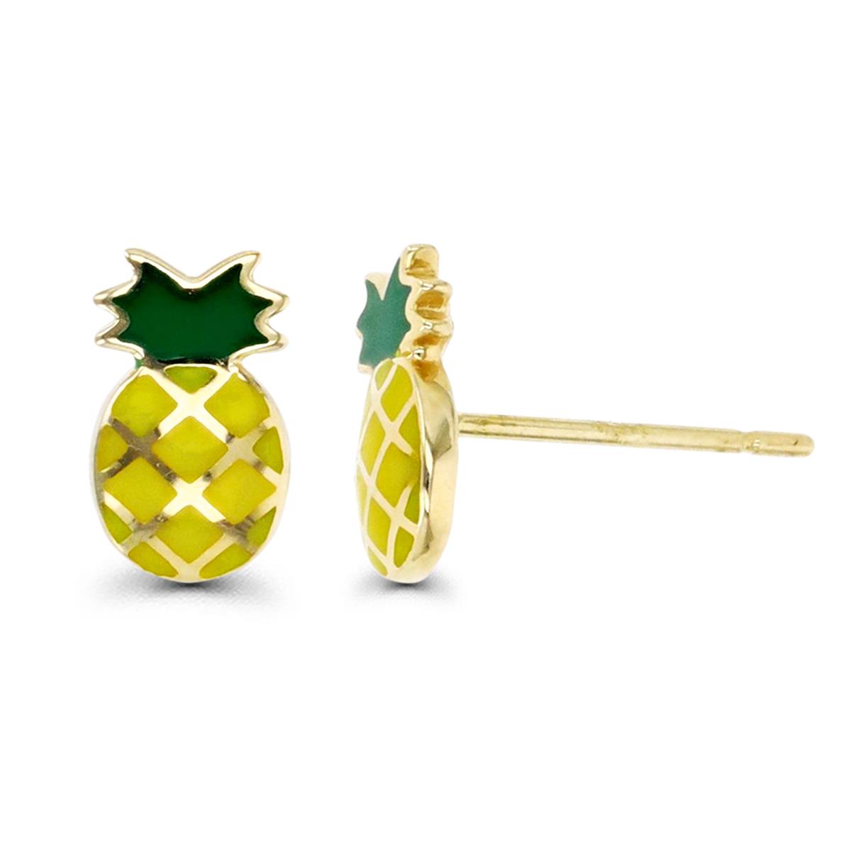 14K Gold Yellow & Yellow and Green Enamel Pineapple Stud Earring