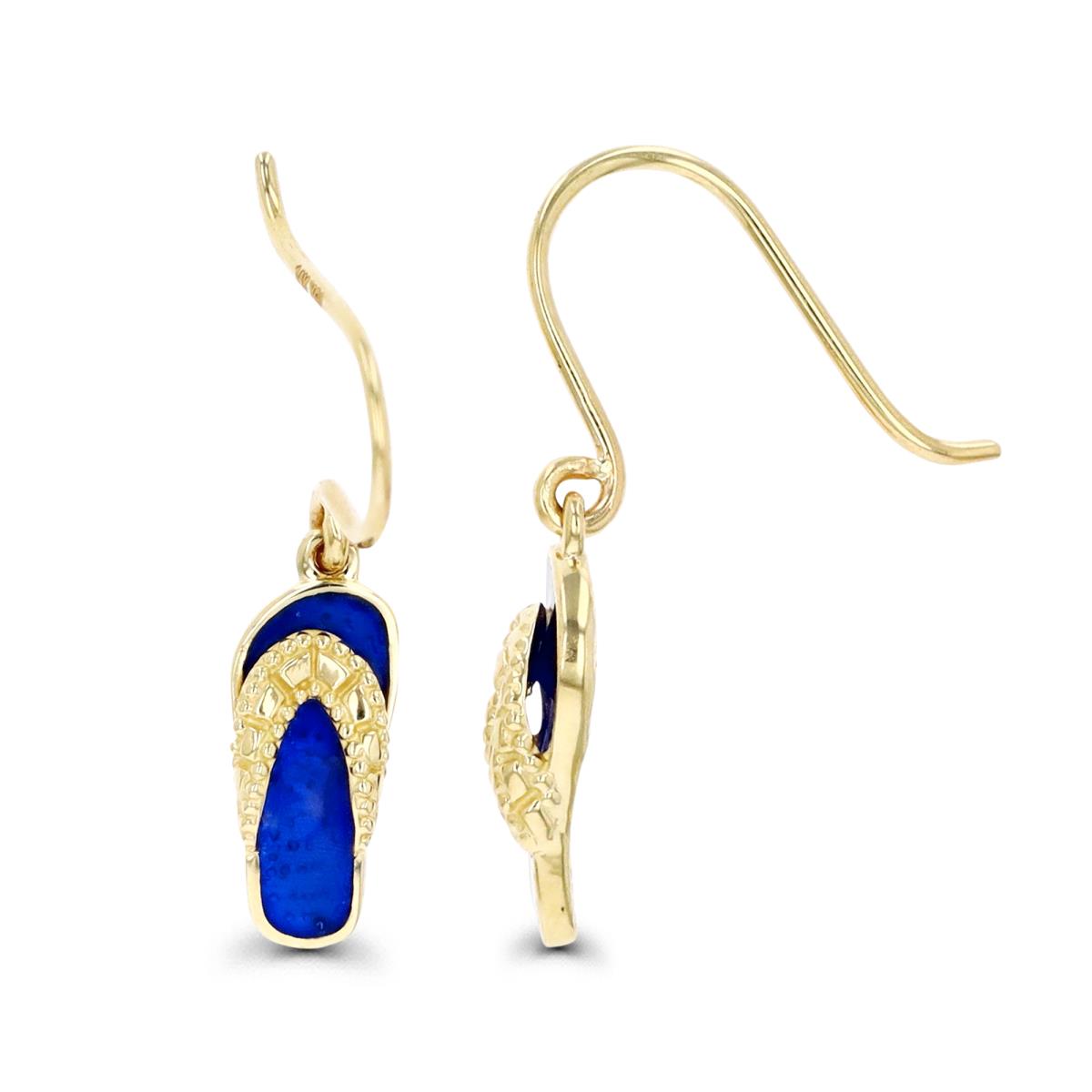 10K Gold Yellow & Blue Enamel FlipFlops Fish Hook Earring