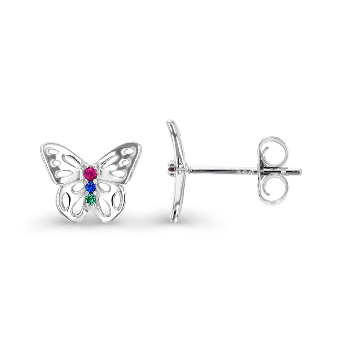 Sterling Silver Rhodium 10MM Polished Multicolor Butterfly Stud Earring