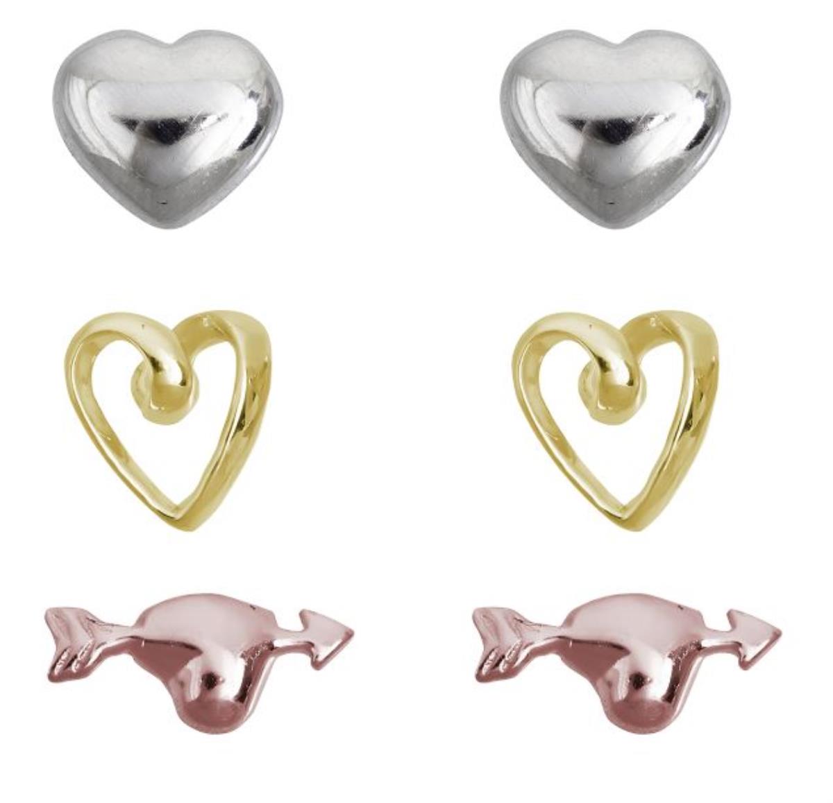 Sterling Silver Tricolor Polished Heart Stud Set 