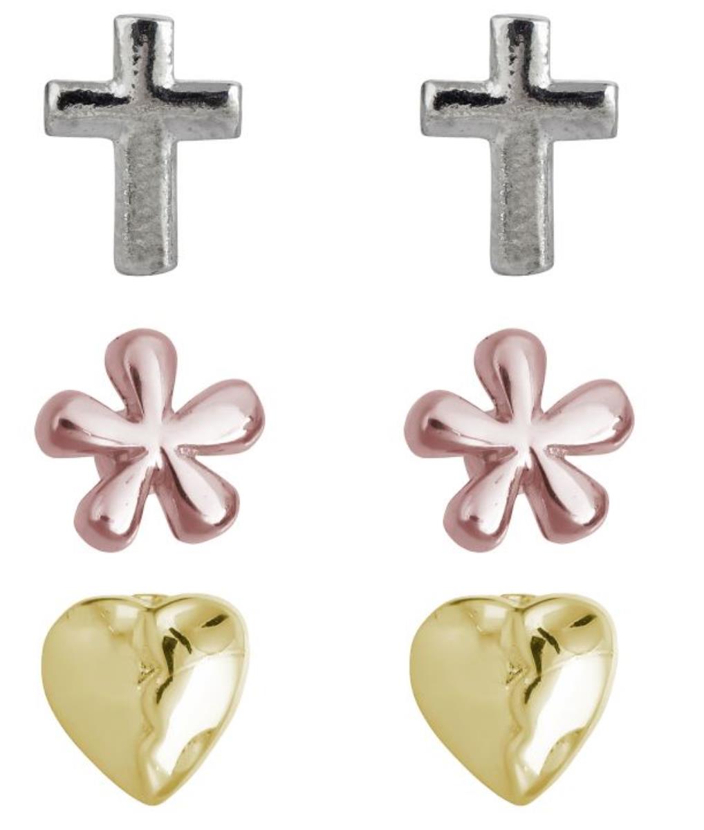 Sterling Silver Tricolor Polished Cross, Flower and Broken Heart Stud Set