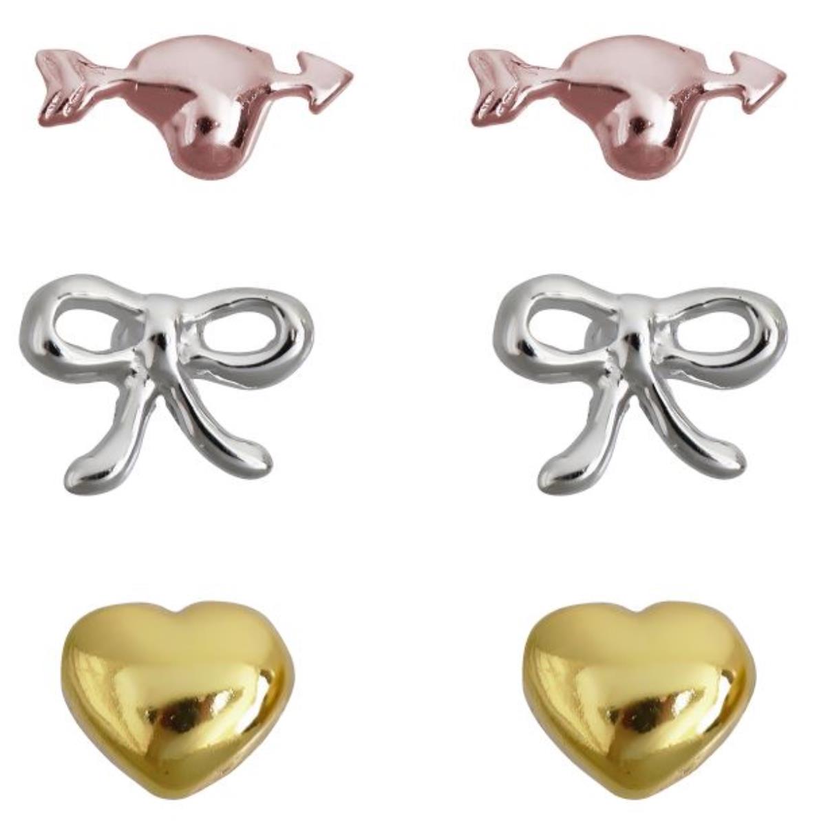 Sterling Silver Tricolor Polished Ribbon, Heart and Cupid's Arrow Heart Stud Set 