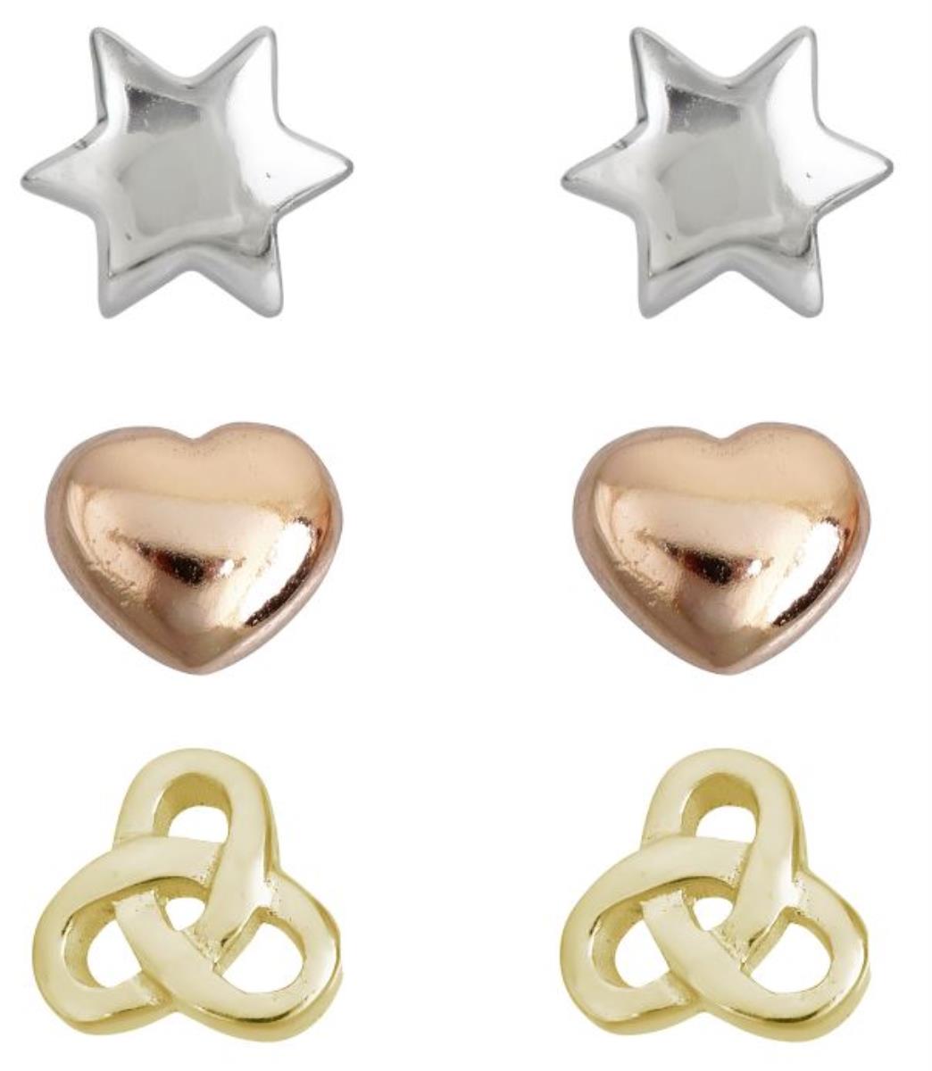 Sterling Silver Tricolor Heart, Star and Celtic Knot Stud Set 