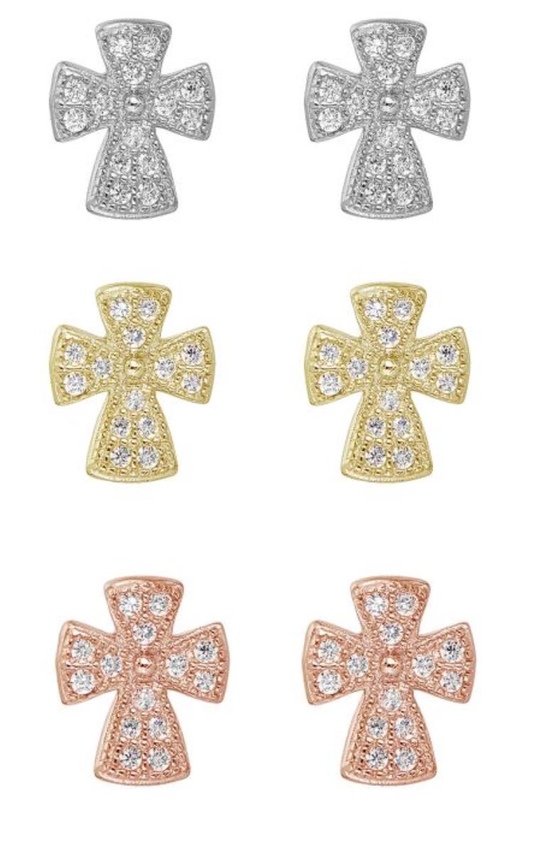Sterling Silver Tricolor 8.35x7mm Pave Cross Stud Set