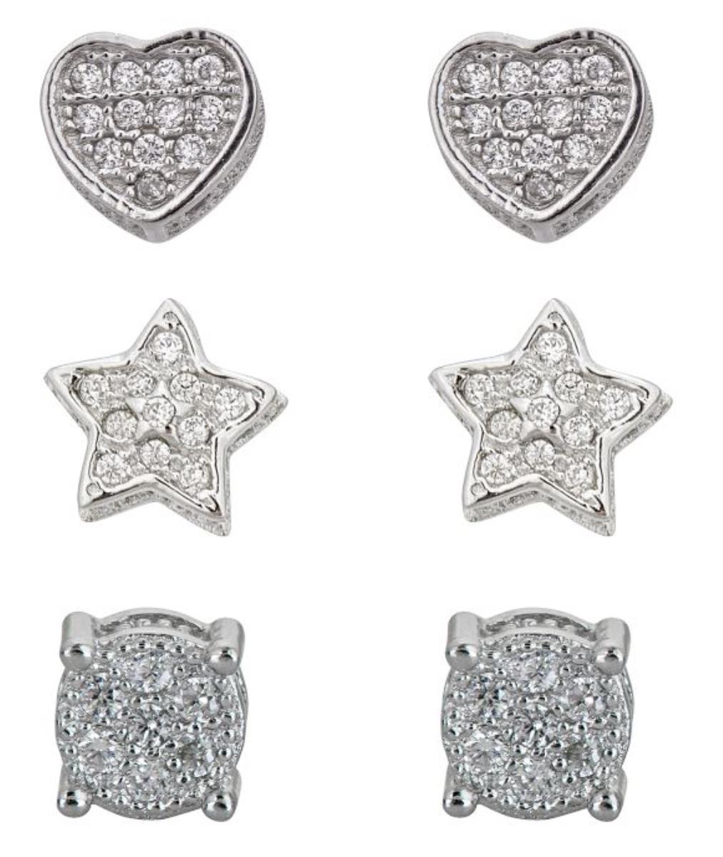 Sterling Silver Rhodium Pave Heart, Star and Circle Stud Set