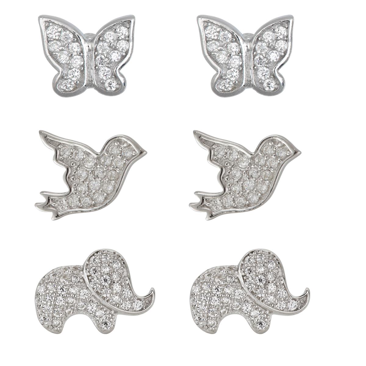 Sterling Silver Rhodium Pave Butterfly, Dove and Elephant Stud Set
