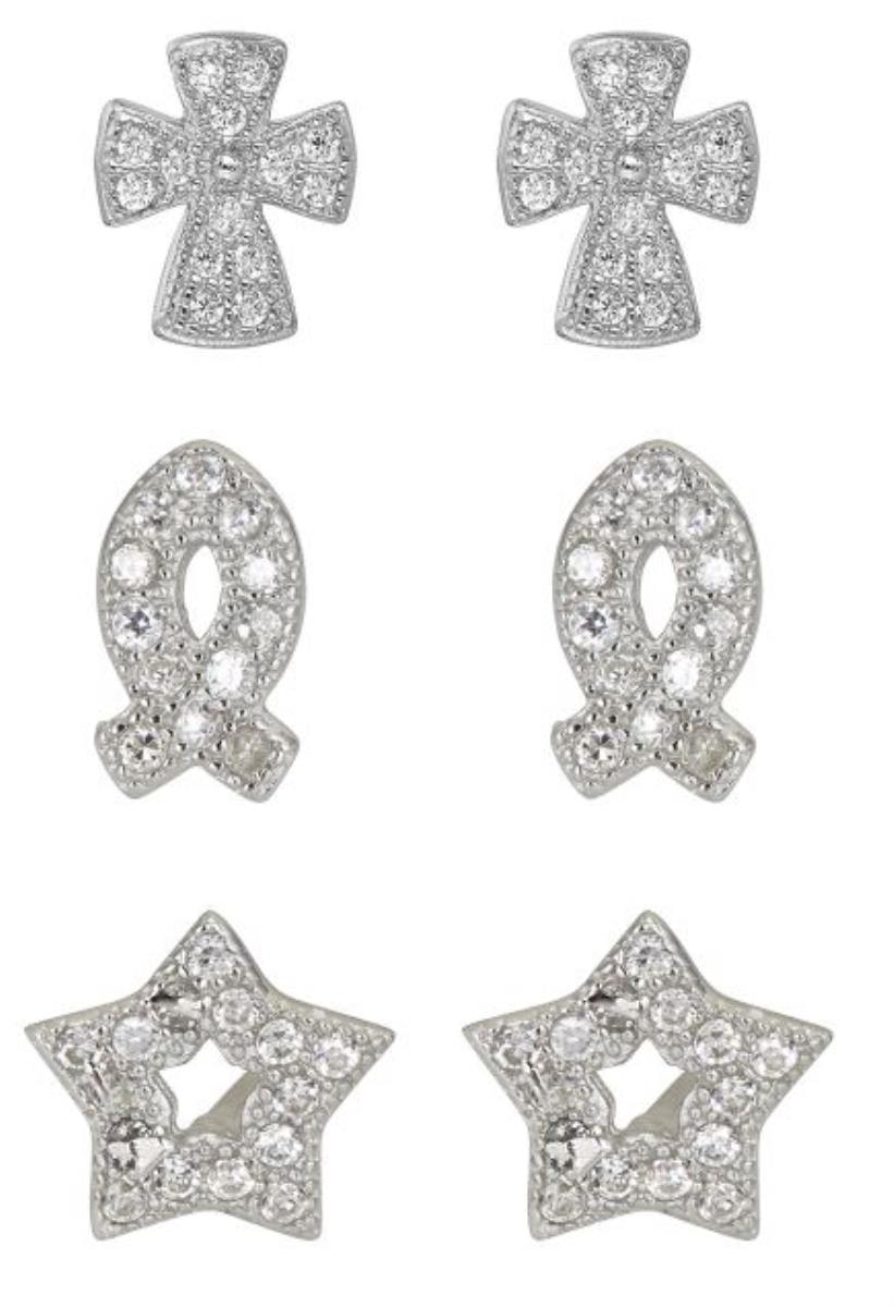 Sterling Silver Rhodium Pave Cross, Fish and Star Stud Set