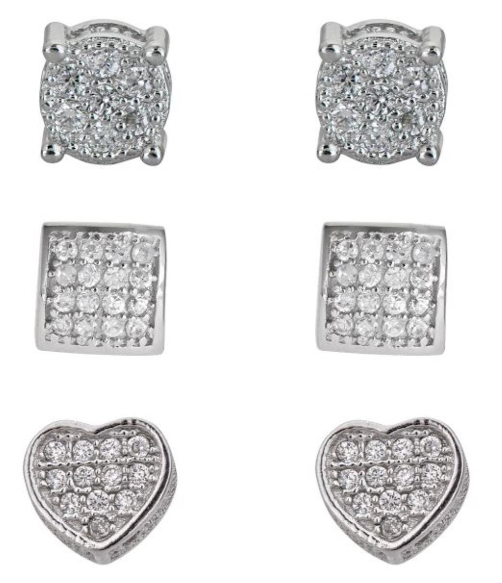 Sterling Silver Rhodium Pave Circle, Square and Heart Stud Set 