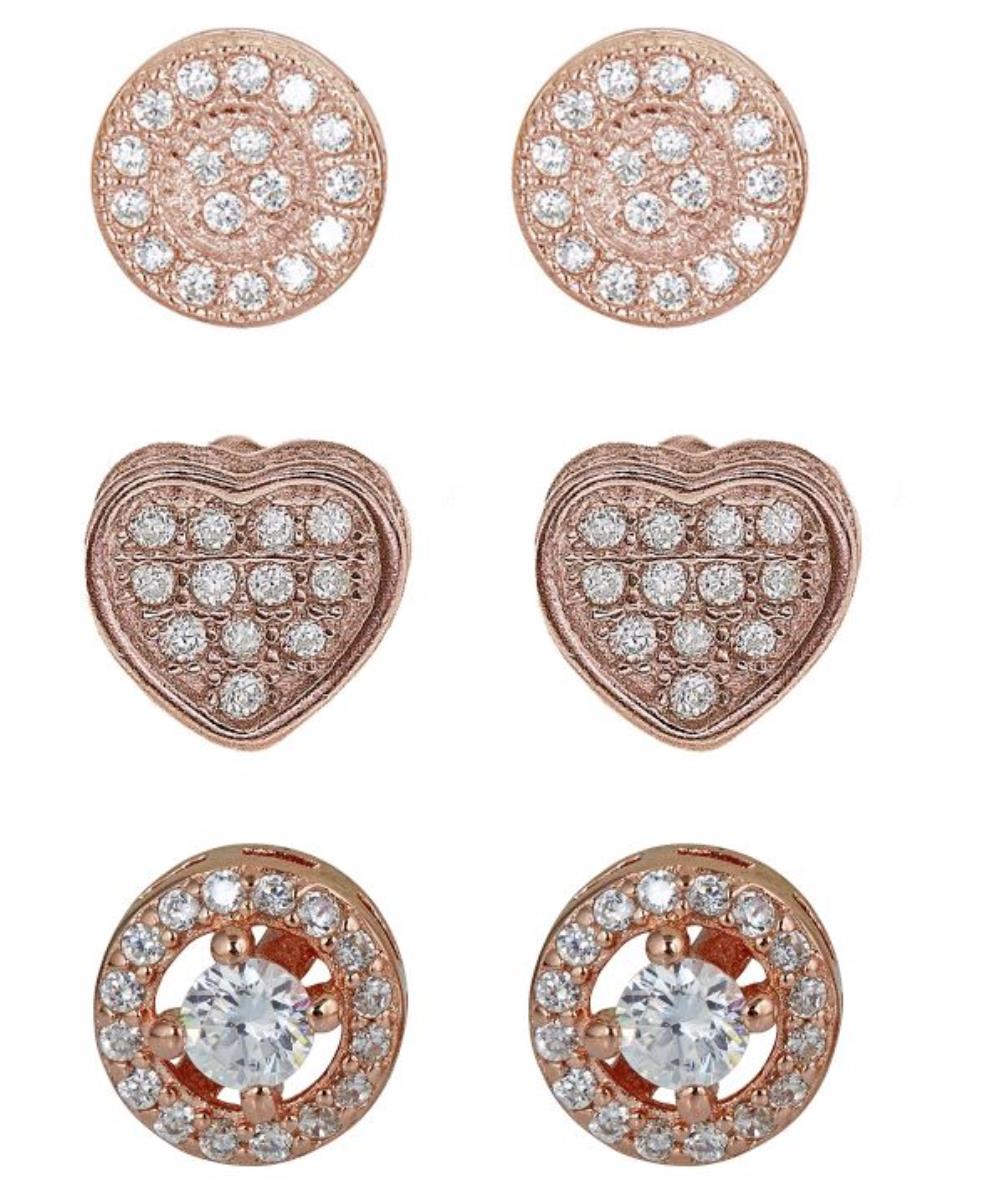 Sterling Silver Rose Pave Circle, Heart and Rd Halo Stud Set