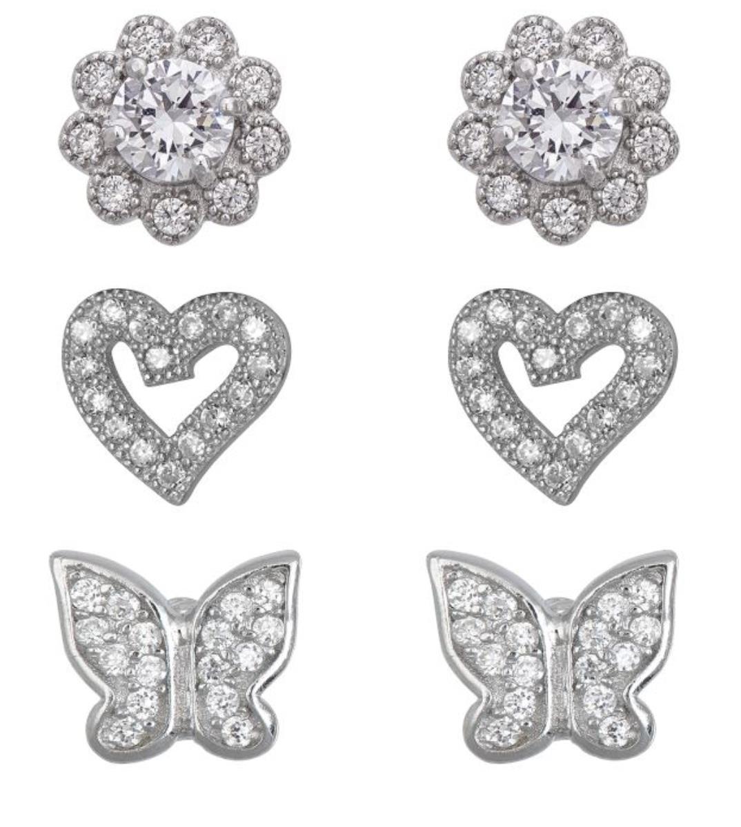 Sterling Silver Rhodium Pave Flower, Heart and Butterfly Stud Set