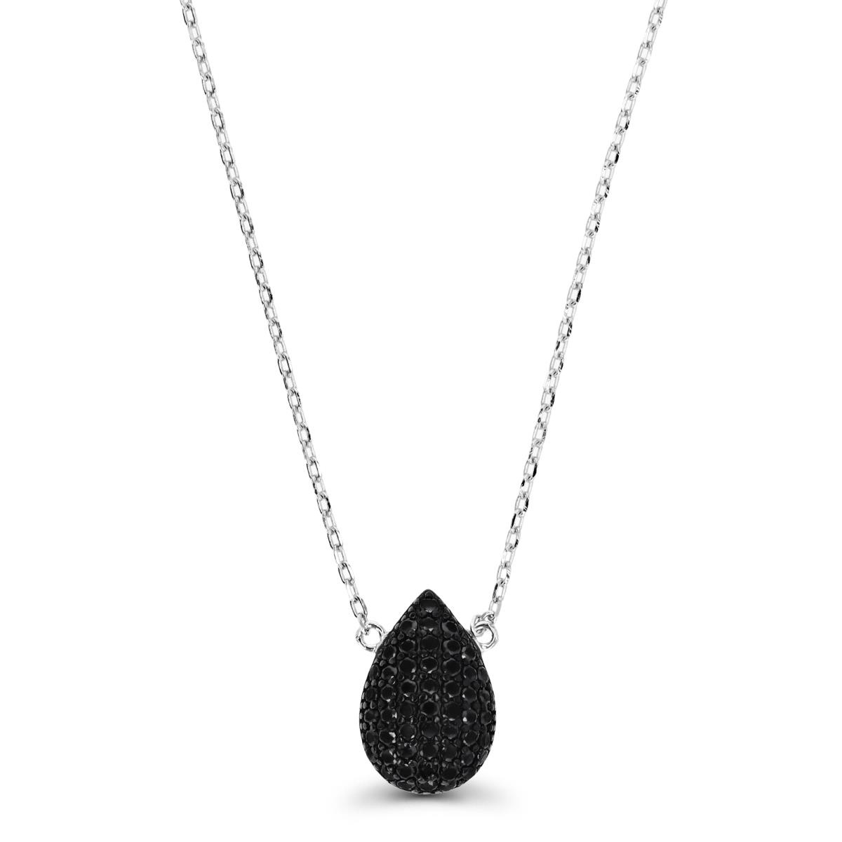 Sterling Silver Rhodium & Black Micropave Black Spinel Pear 16+2 Necklace