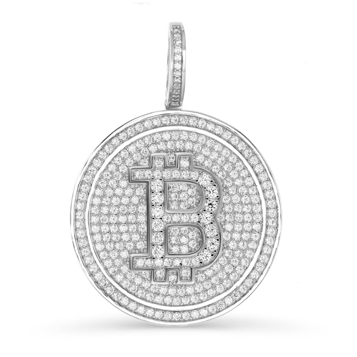 Sterling Silver Rhodium 30 MM Polished White CZ Bitcoin Pave Pendant