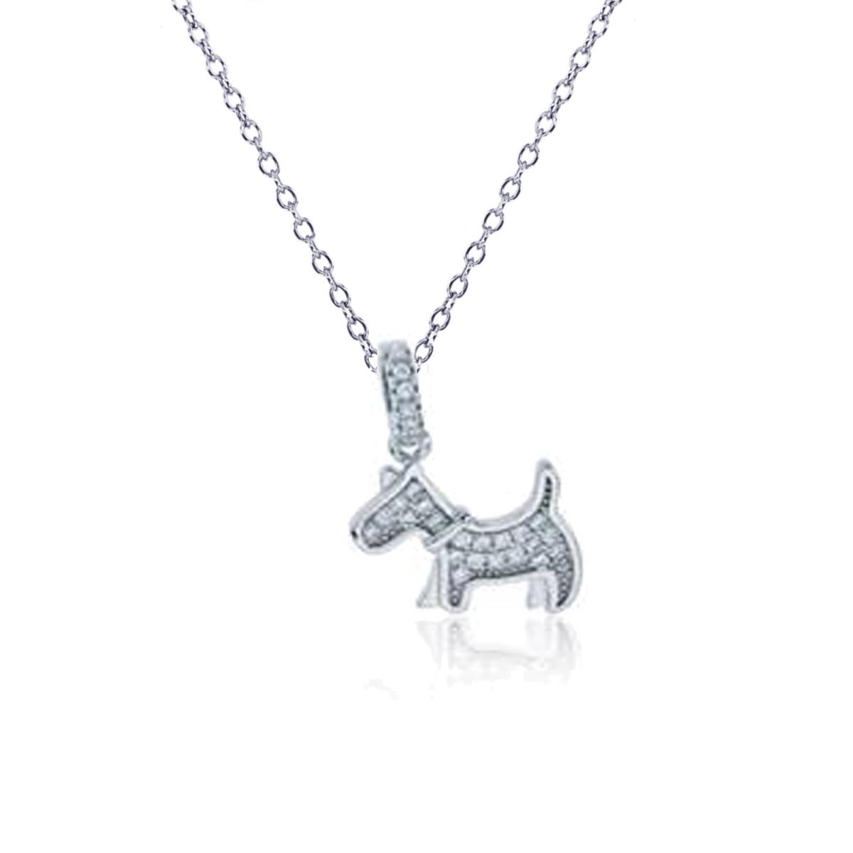 Sterling Silver Rhodium 20X13 MM White CZ Pave Small Dog 13+2 Dangling Necklace