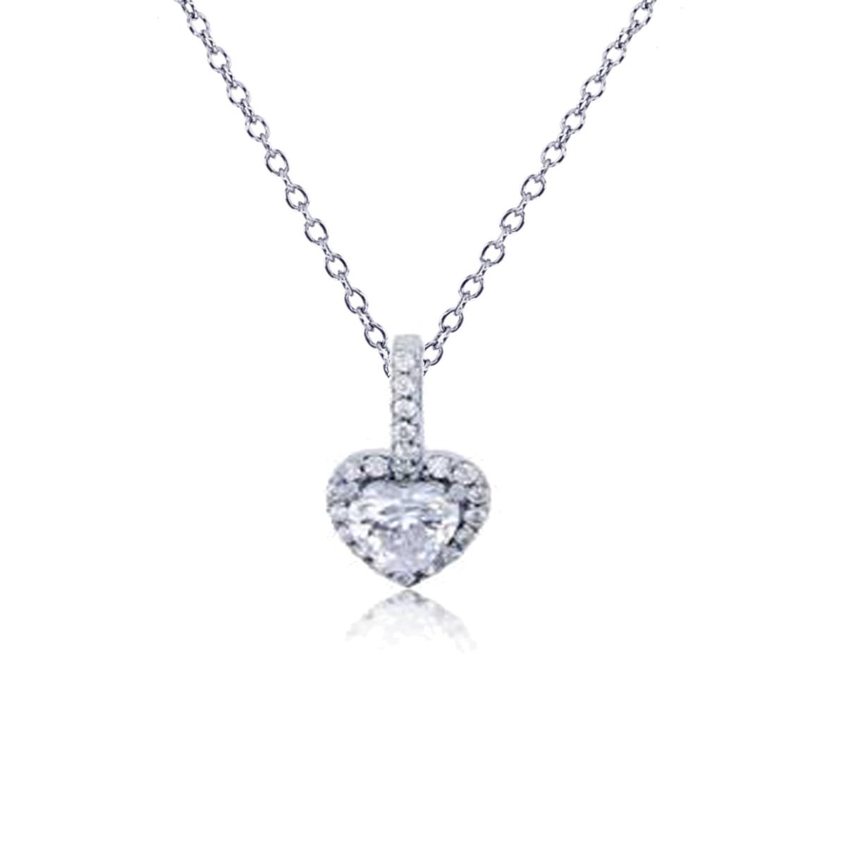 Sterling Silver Rhodium 13X7MM White CZ  Dangling Heart Necklace