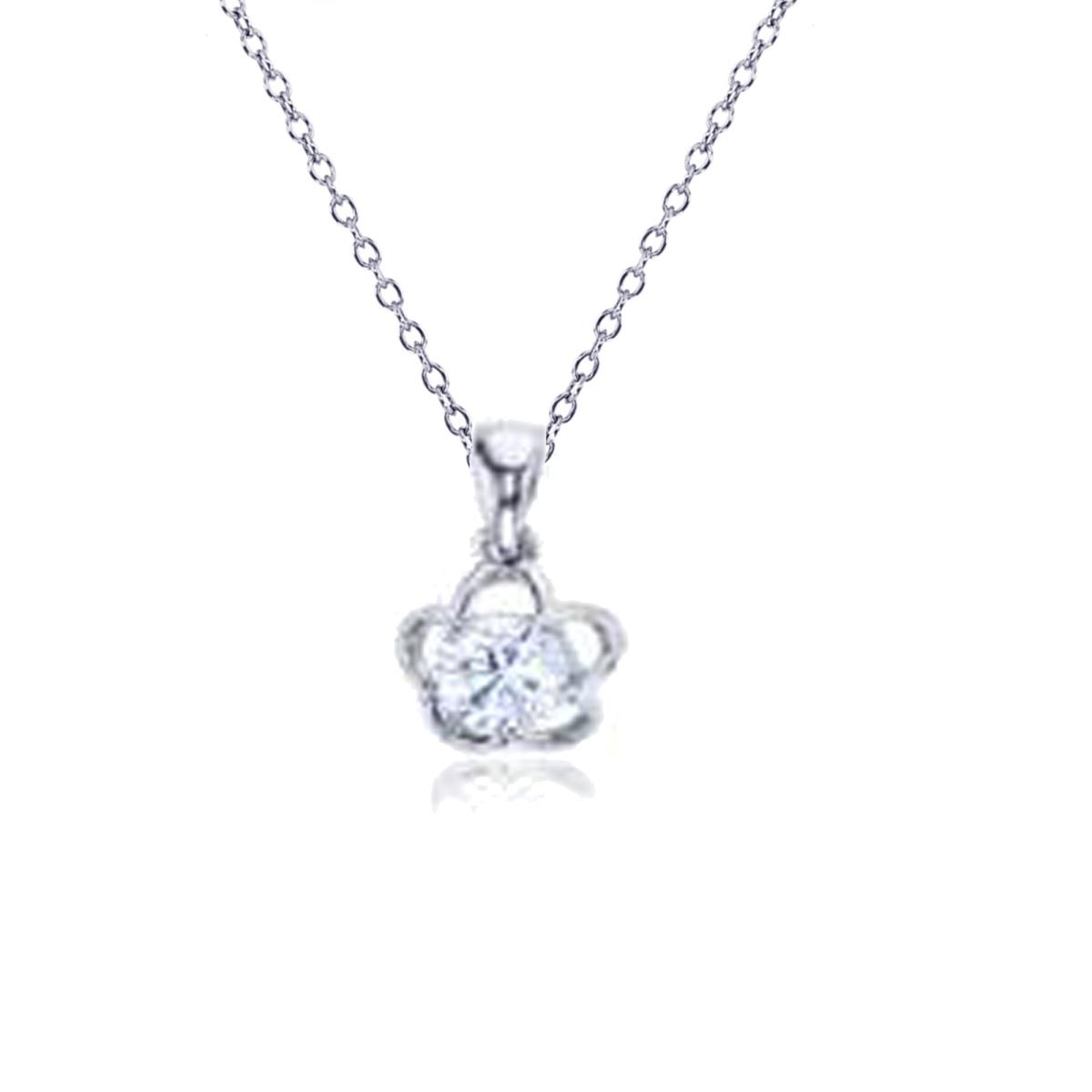 Sterling Silver Rhodium 4.75mm Round Cut CZ Polished Petite Flower Dangling Necklace