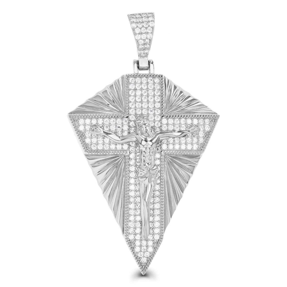 Sterling Silver Rhodium 46MM Jesus Christ White CZ Pendant