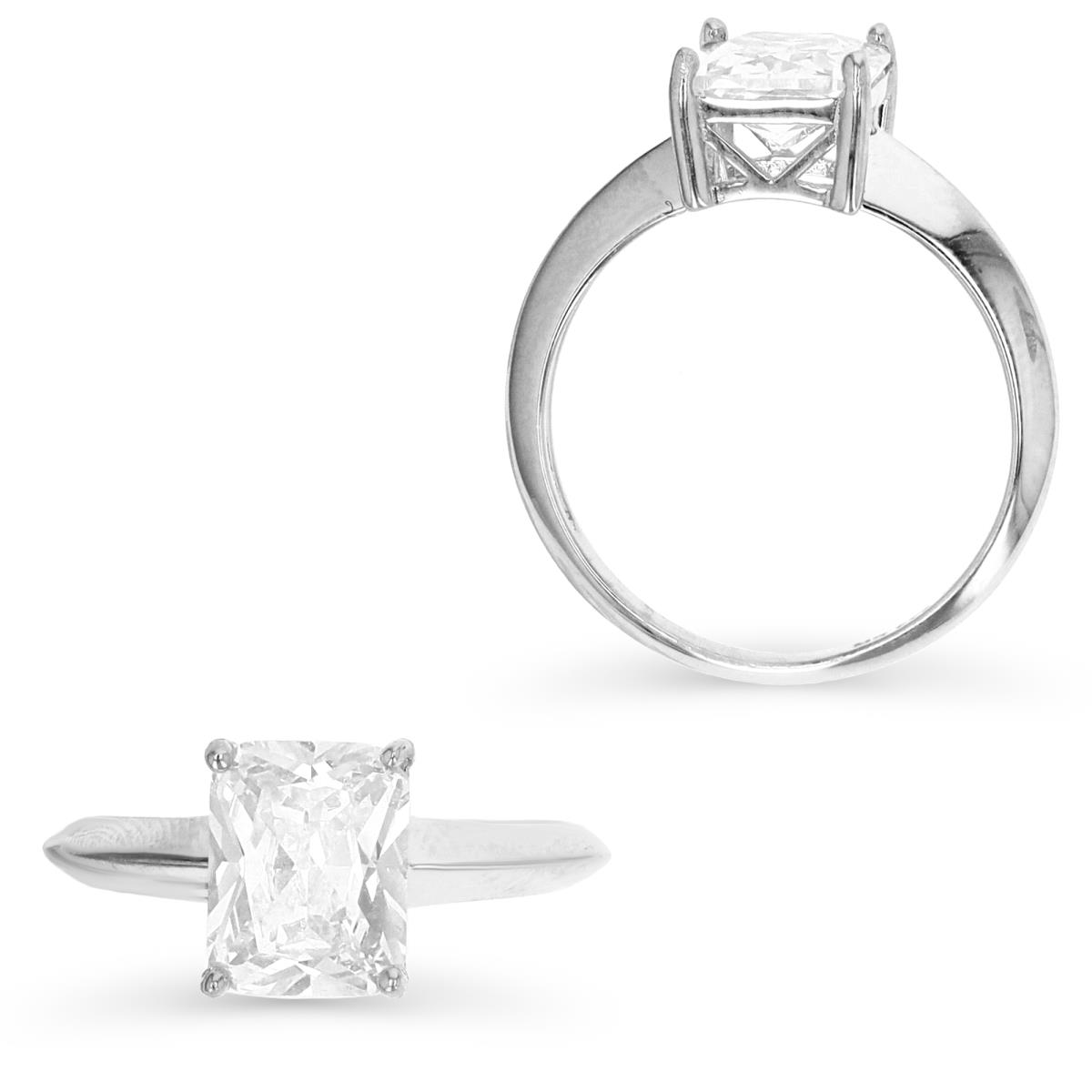 Sterling Silver Rhodium 9X7MM White CZ Emerald Cut  Solitaire  Ring