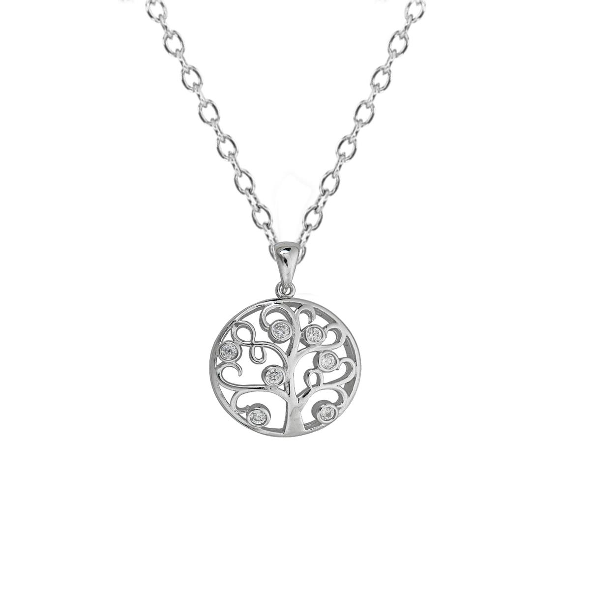 Sterling Silver Rhodium CZ Tree of Life 18" DC Cable Chain Necklace