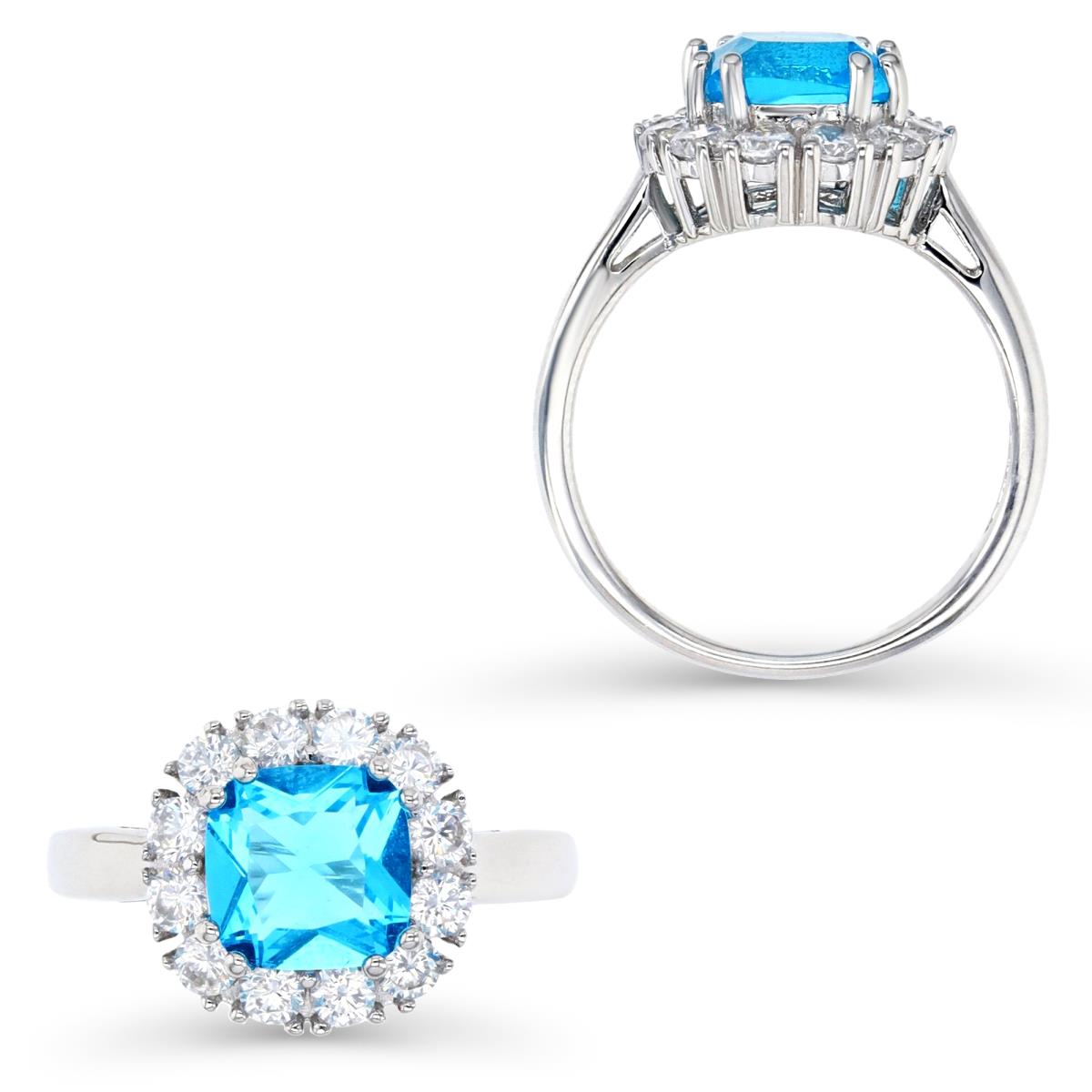 Sterling Silver Rhodium 13X13MM White CZ & Swiss Blue Topaz Cushion Cut Double Prong Setting Engagement Ring