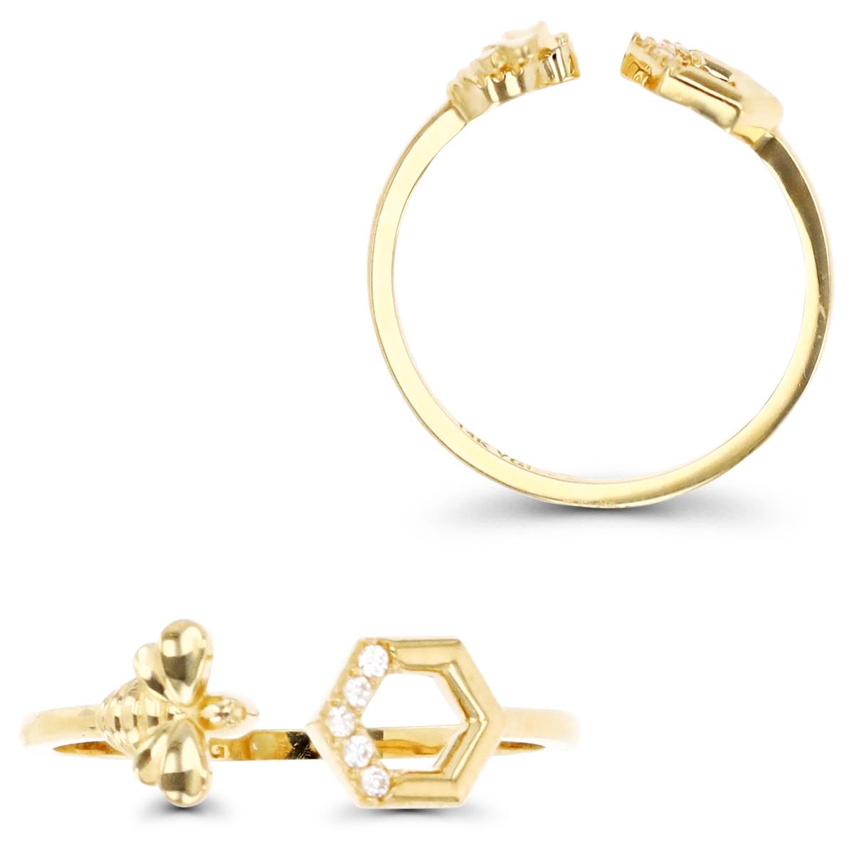 14K Gold Yellow & White CZ Bee and Honeycomb Cuff Ring