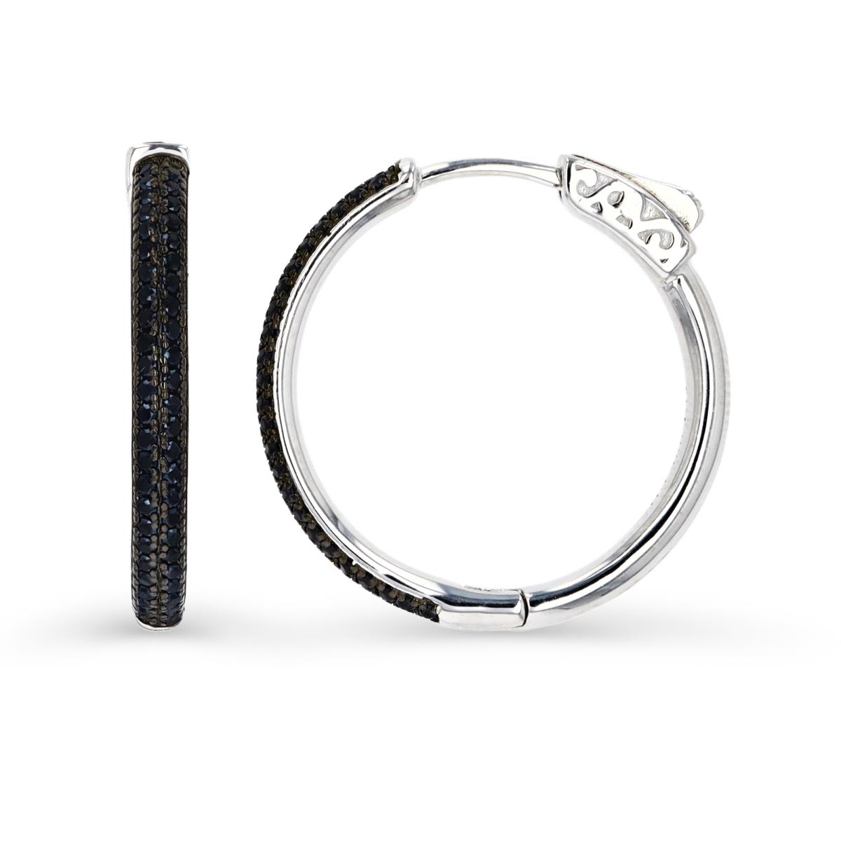 Sterling Silver Rhodium 24X2MM Polished Black Spinel Pave 2 Row Hoop Earring