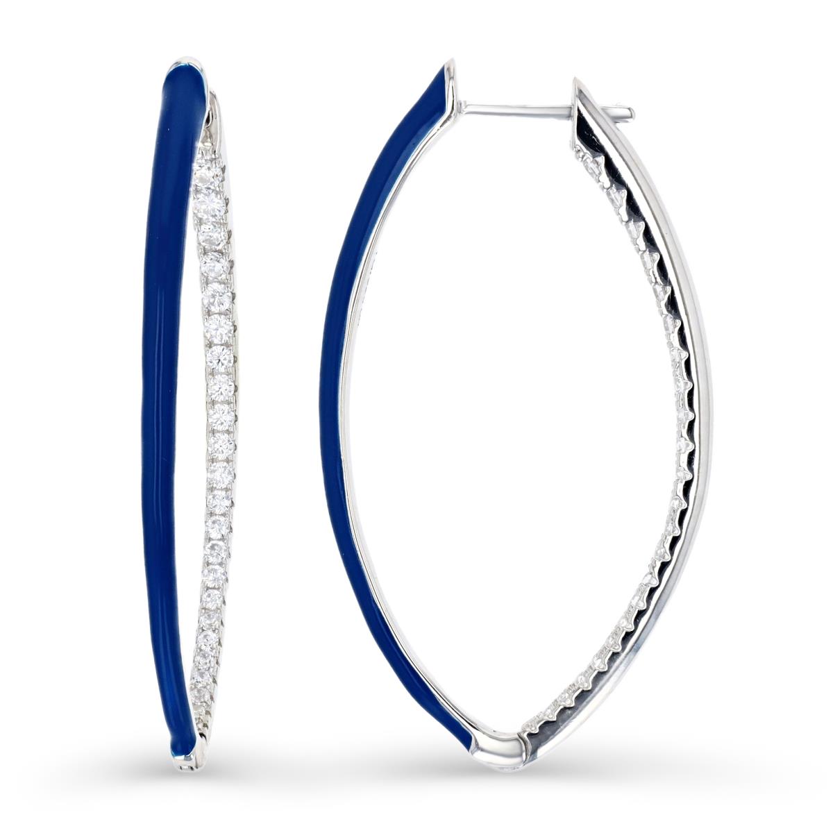 Sterling Silver Rhodium 42X3MM White CZ & Blue Enamel Oval Hoop Earring