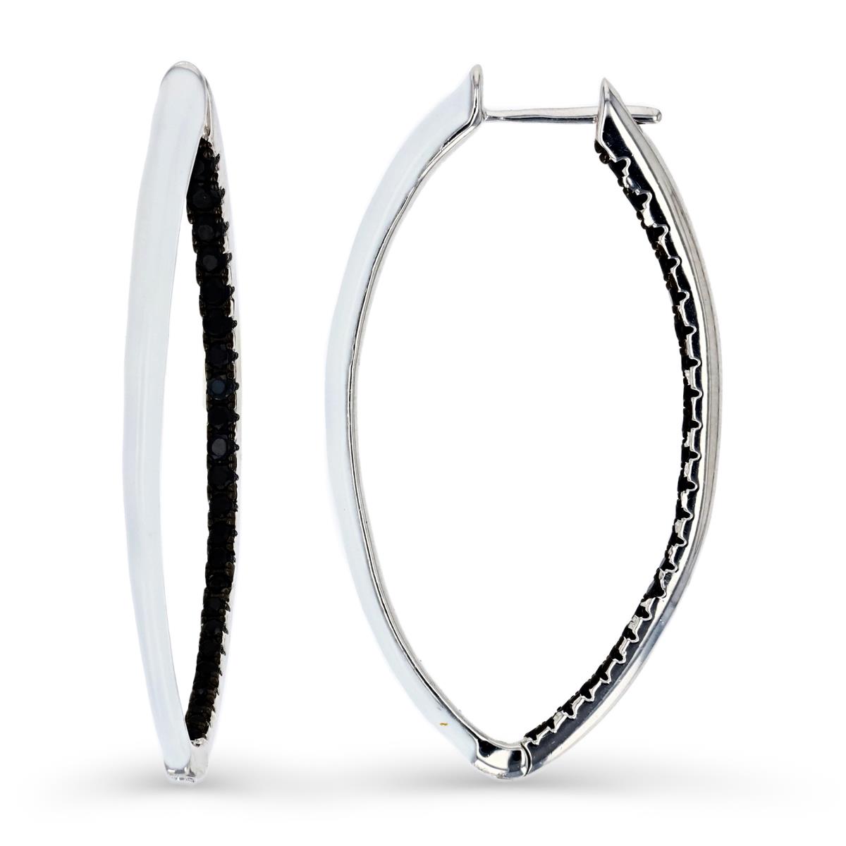 Sterling Silver Rhodium 42X3MM Black Spinel  & White Enamel Oval Hoop Earring