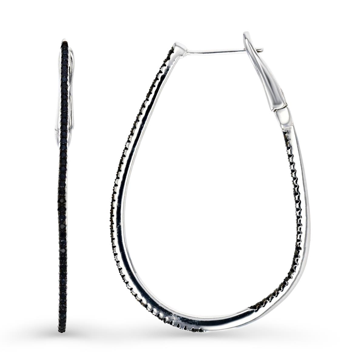 Sterling Silver Rhodium 43MM Polished Black Spinel Inside Out Oval Hoop Earring