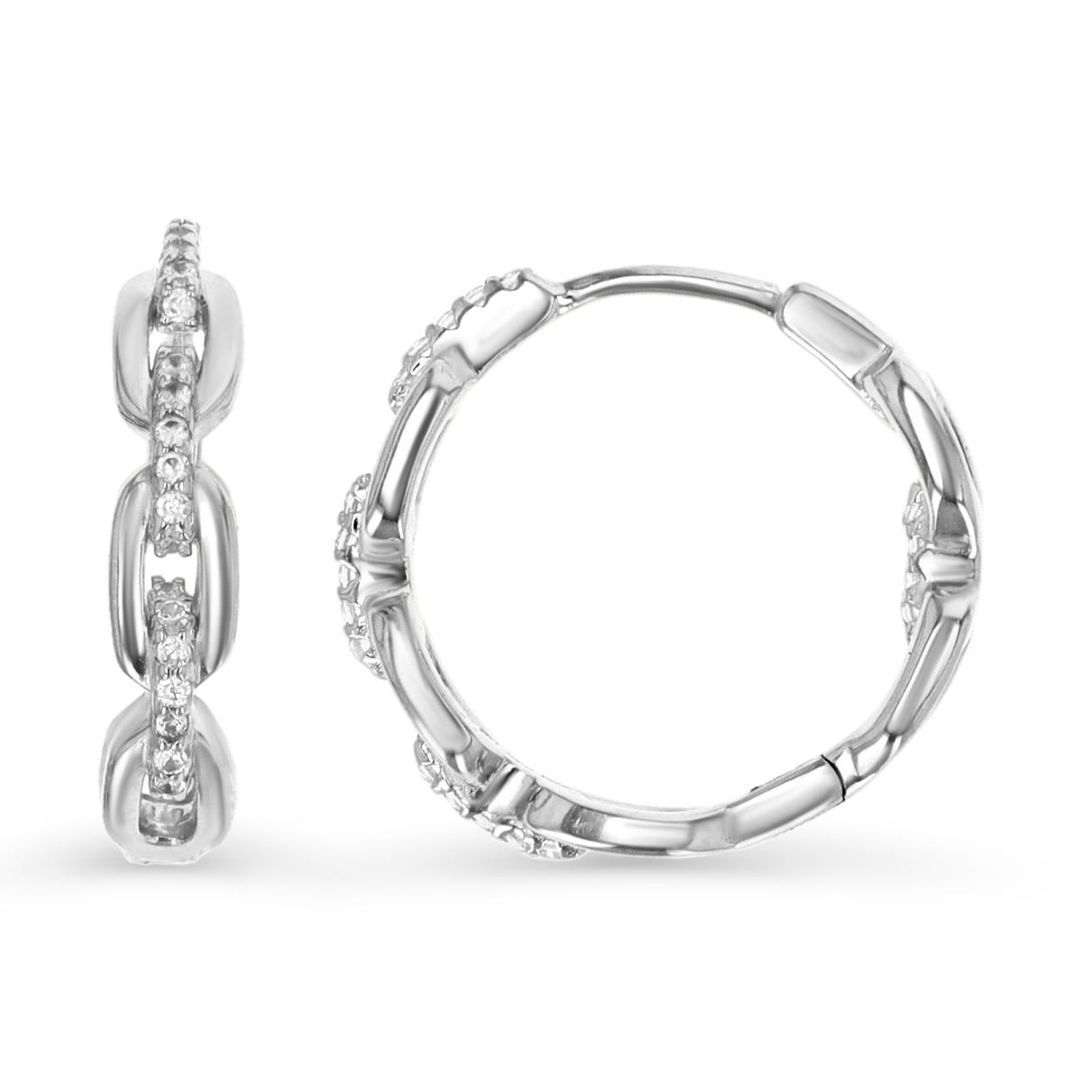 Sterling Silver Rhodium 18X4MM Polished White CZ Link Hoop Earring