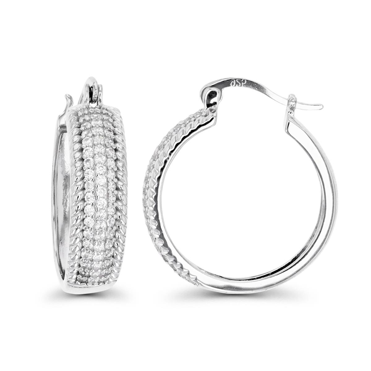 Sterling Silver Rhodium 22X6MM 3 Row White CZ Pave Hoop Earring