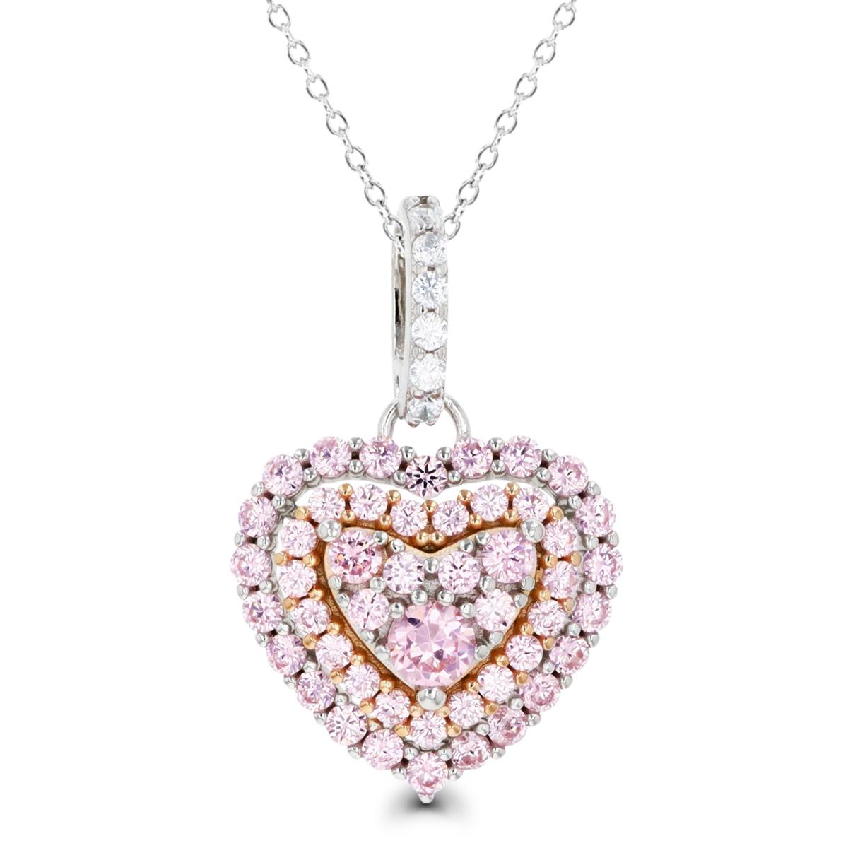 Sterling Silver Rhodium and Pink & White and Pink CZ Heart 18" Necklace
