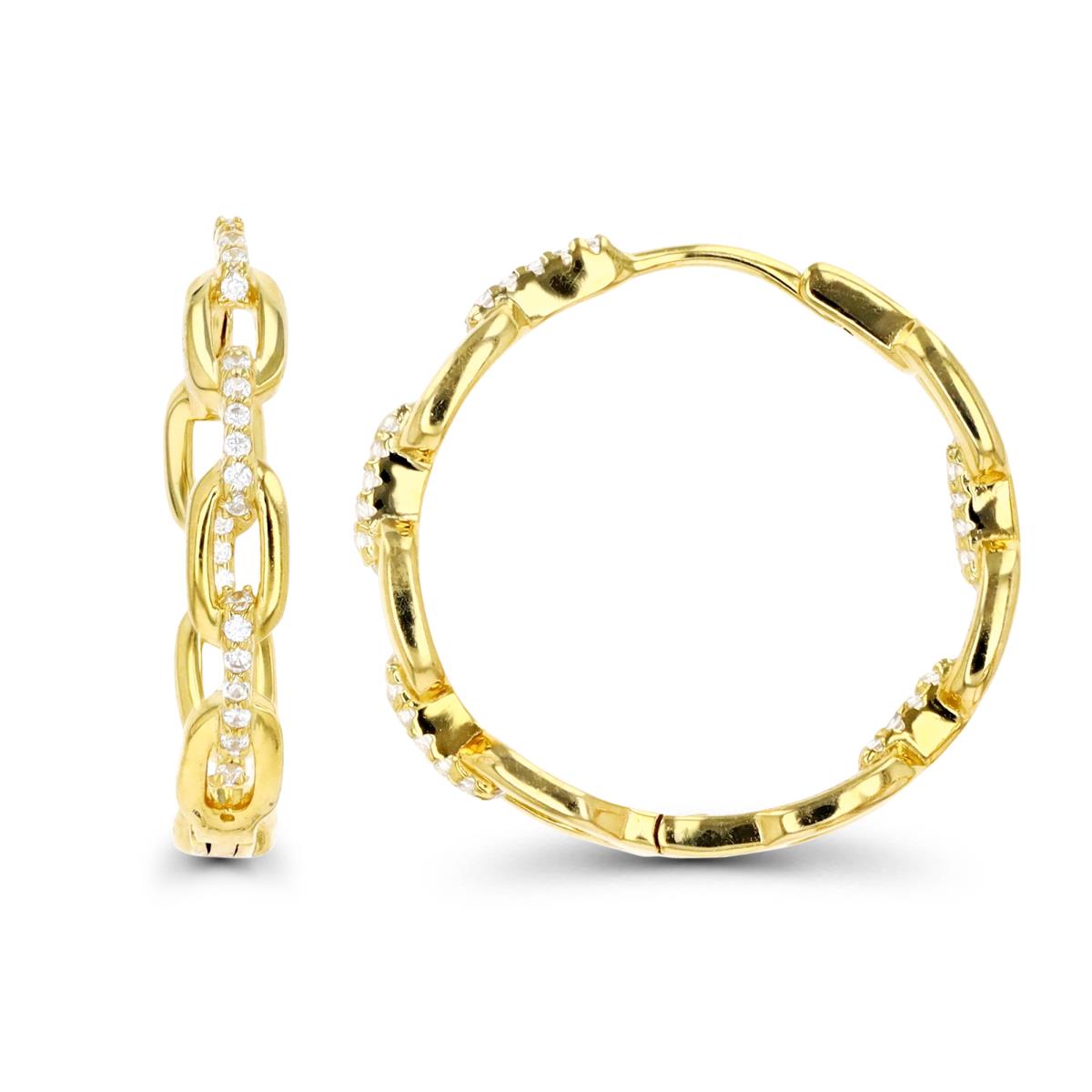 Sterling Silver Yellow 22X4MM White CZ Link Hoop Earring