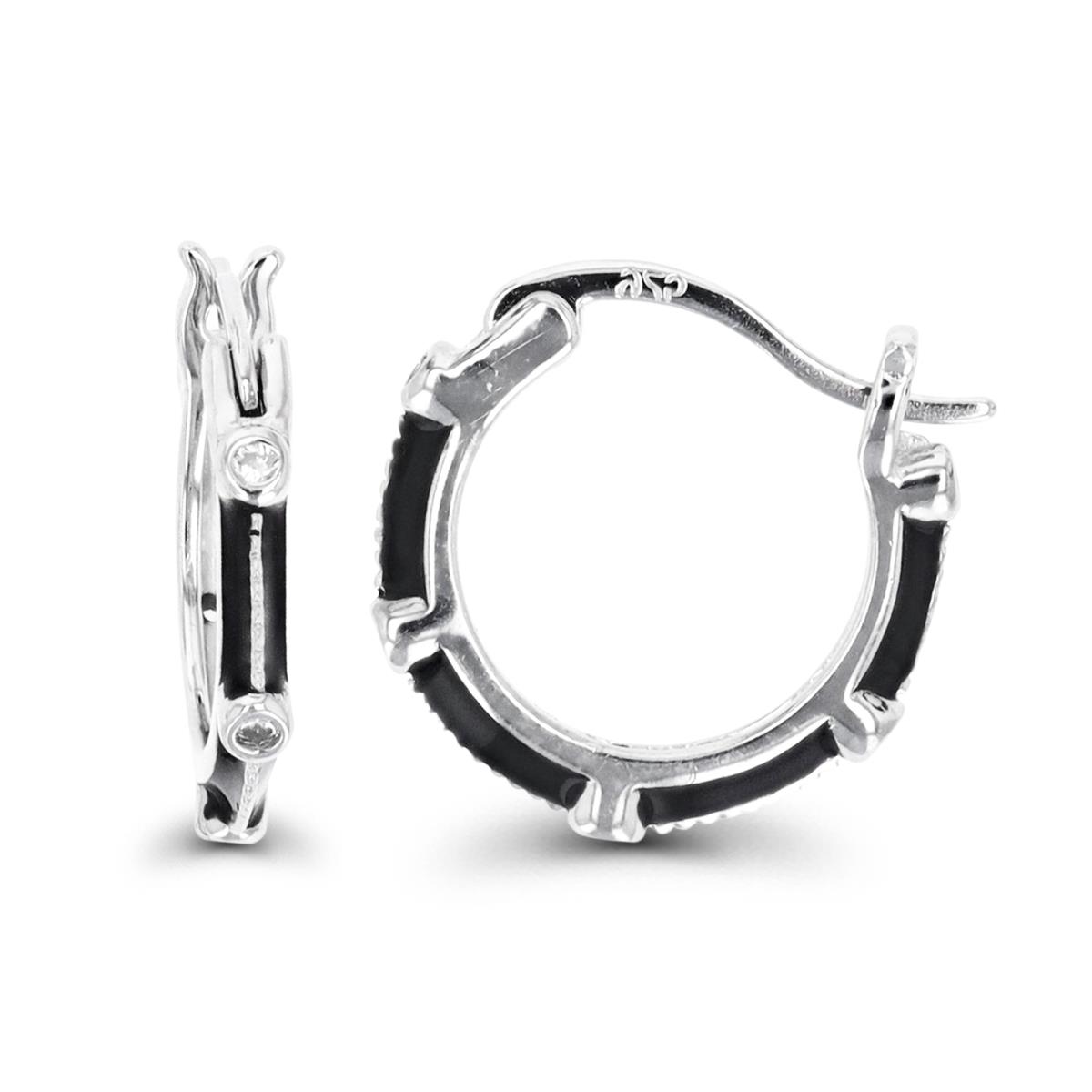 Sterling Silver Rhodium 14MM White CZ & Black Enamel Huggie Earring