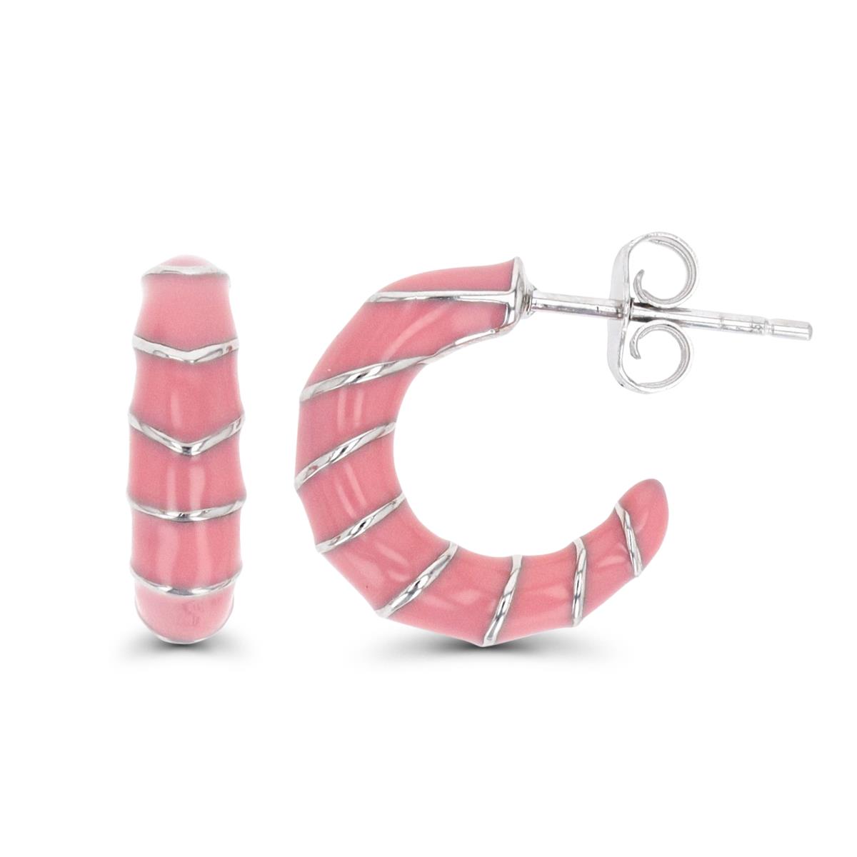 Sterling Silver Rhodium 16X5MM Pink Enamel Striped Stud Earring