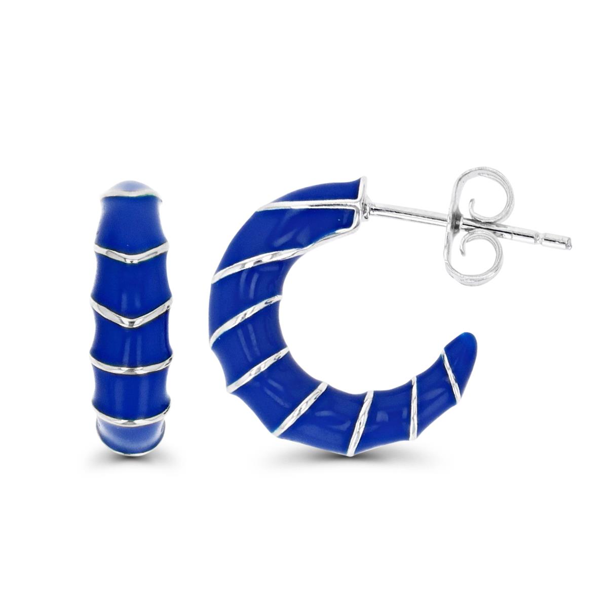 Sterling Silver Rhodium 16X5MM Blue Enamel Striped Stud Earring