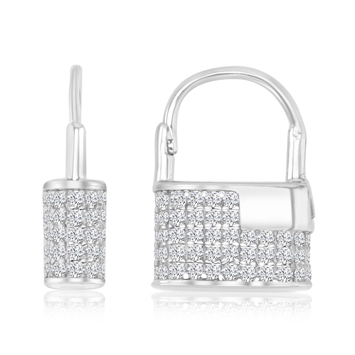 Sterling Silver Rhodium 14X10MM Polished White CZ Lock Earring