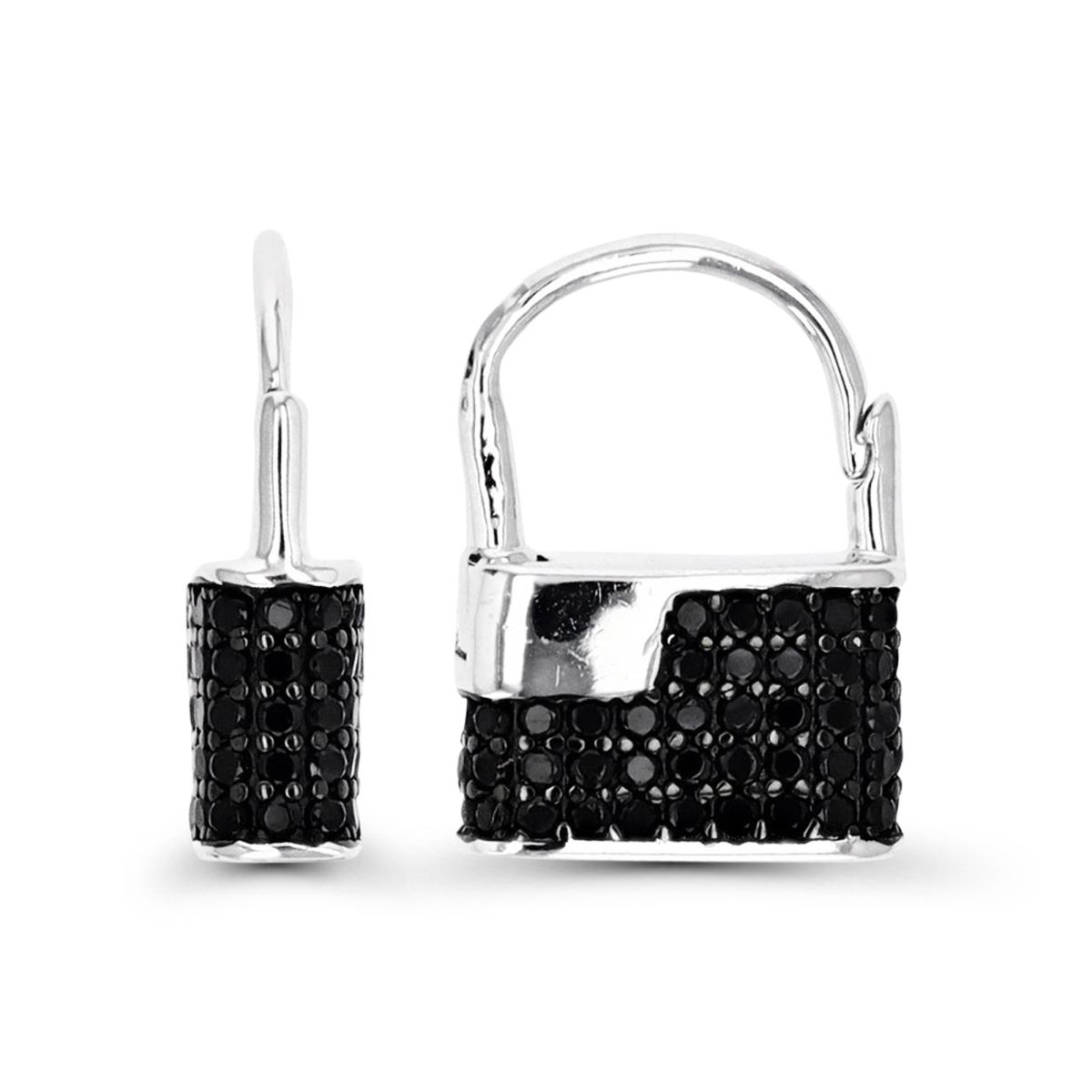 Sterling Silver Rhodium 14X10MM Polished Black Spinel Lock Earring