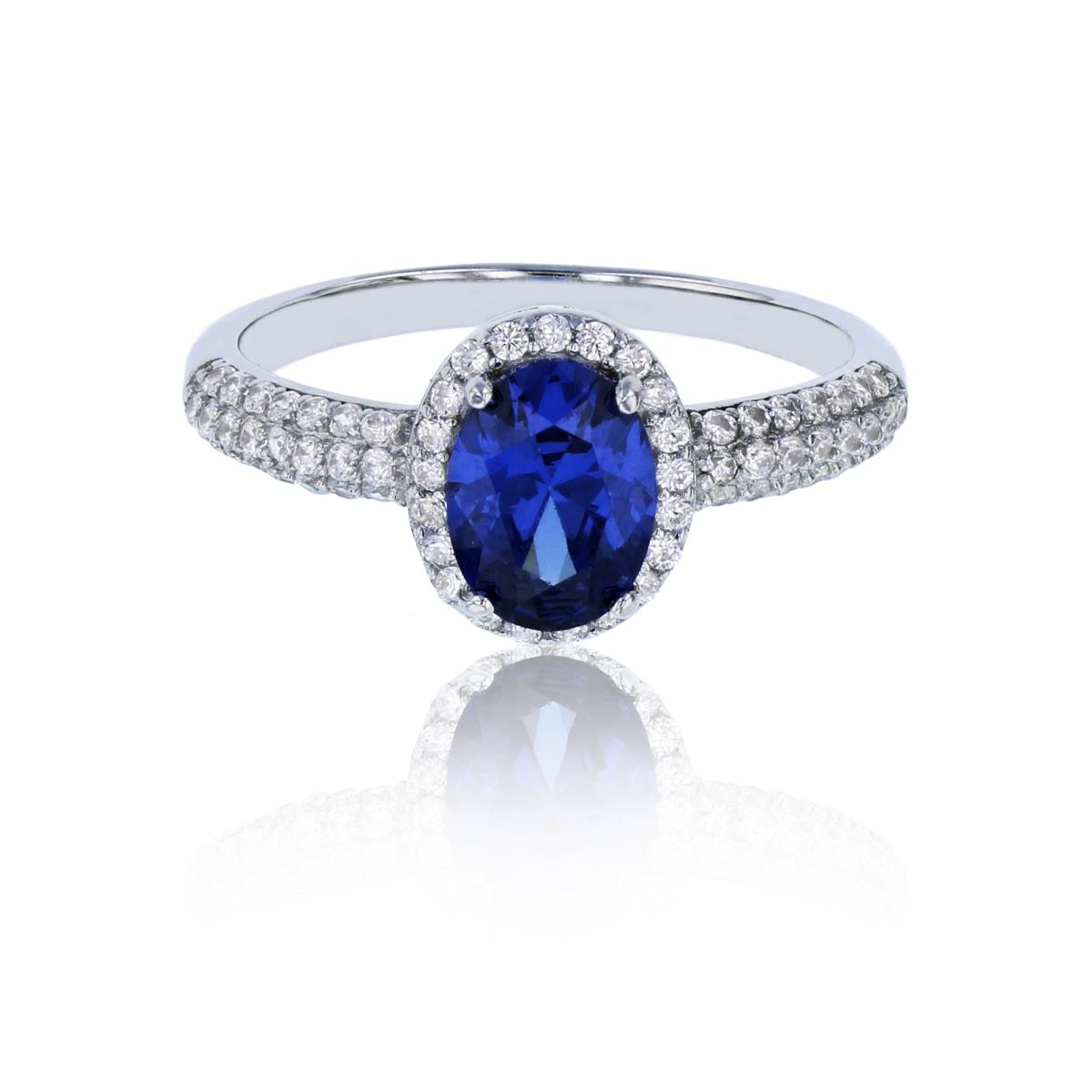 Sterling Silver Rhodium 8x6mm Tanzanite Oval Cut & White Stone Micropave Halo & Sides Eng Ring