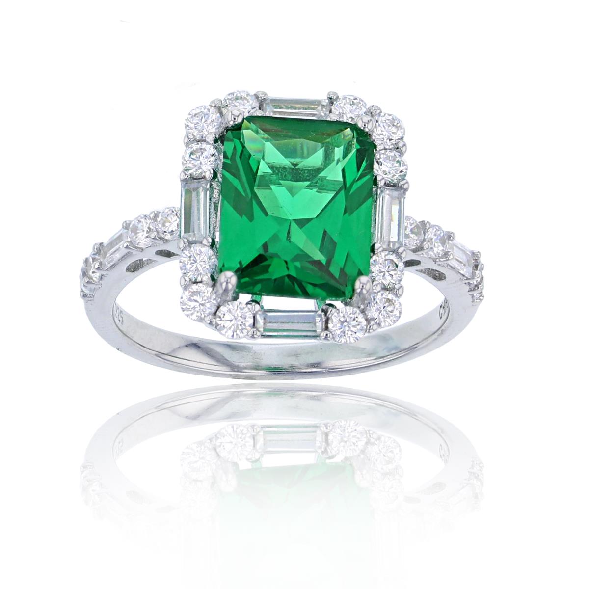 Sterling Silver Rhodium 10x8mm Green Emerald Cut with Rd & Bgt White Stone Engagement Ring