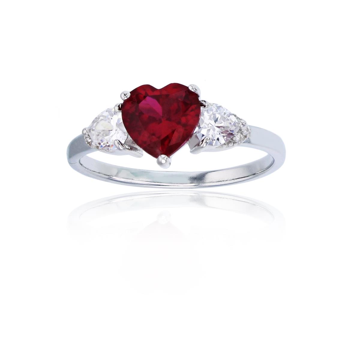Sterling Silver Rhodium 7mm Ruby Heart with 4mm White Heart Cut Sides Fashion Ring