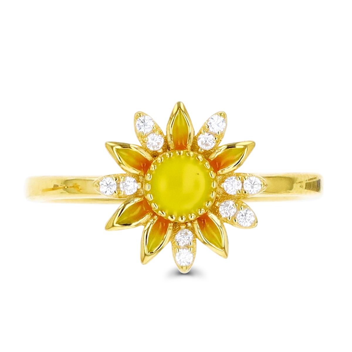 Sterling Silver Yellow White CZ & Yellow Enamel Sunflower Ring