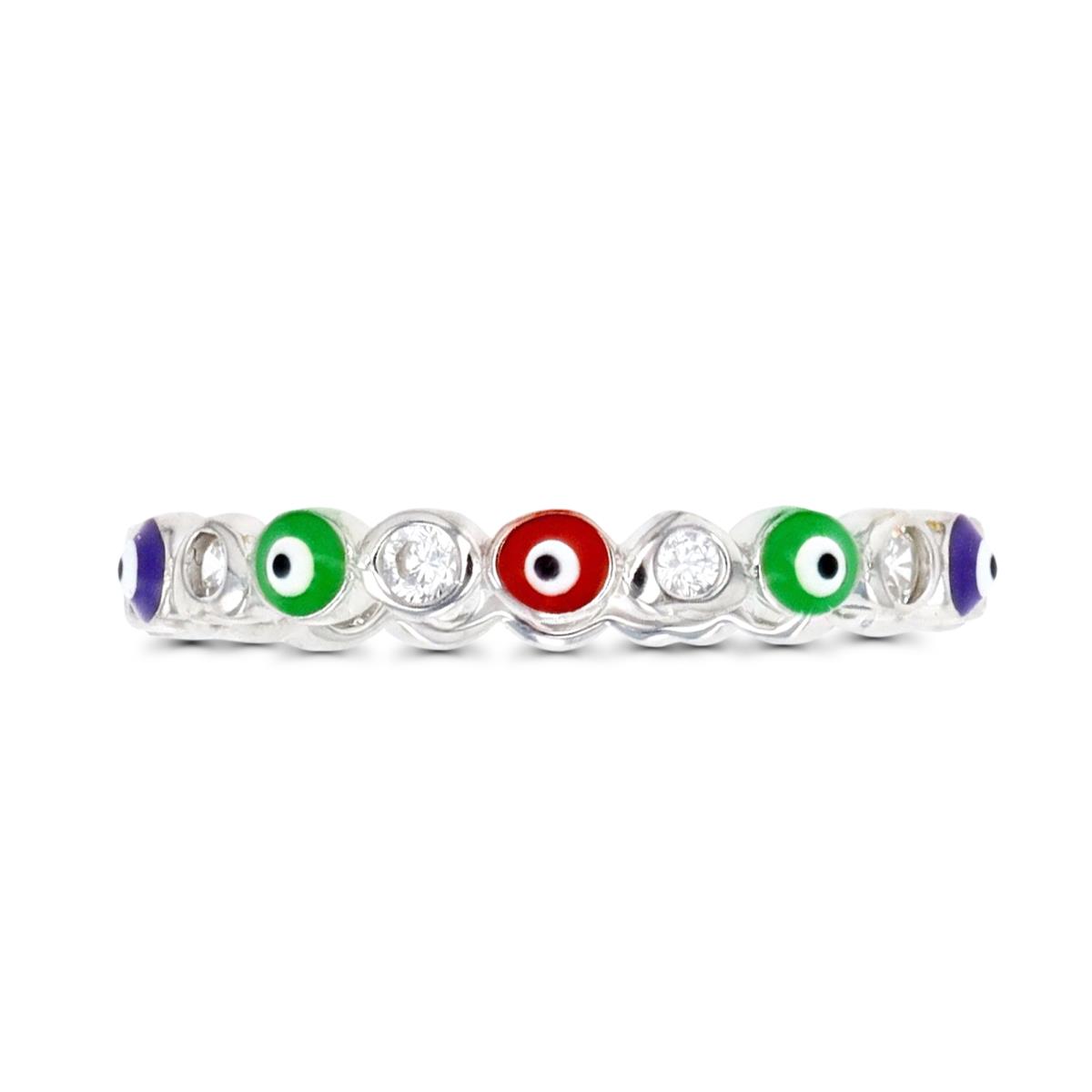 Sterling Silver Rhodium Polished White CZ & Multicolor Evil Eye Ring