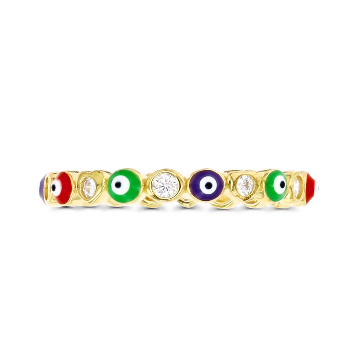 Sterling Silver Yellow Polished White CZ & Multicolor Evil Eye Ring