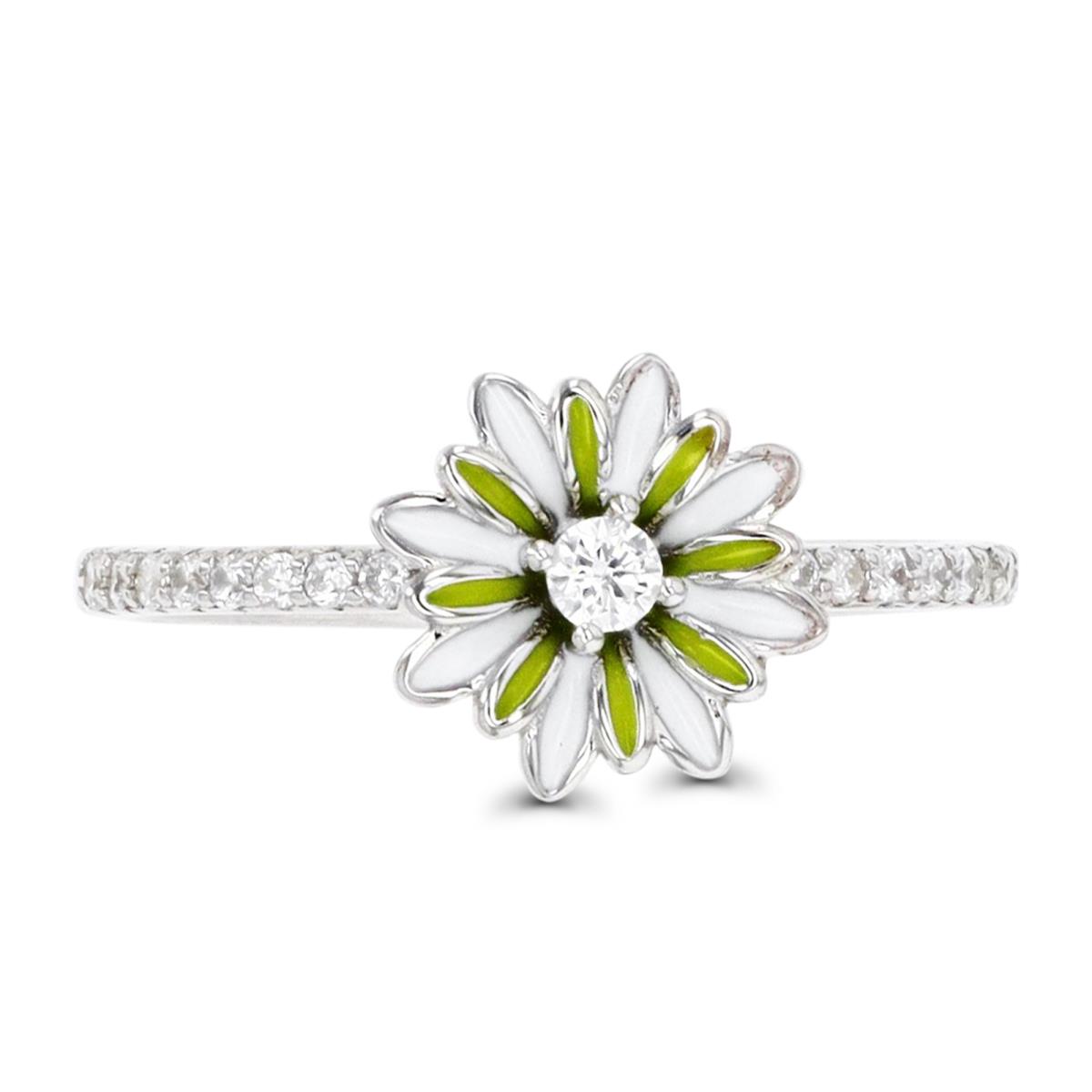 Sterling Silver Rhodium White CZ & White /Yellow Enamel Sunflower Ring