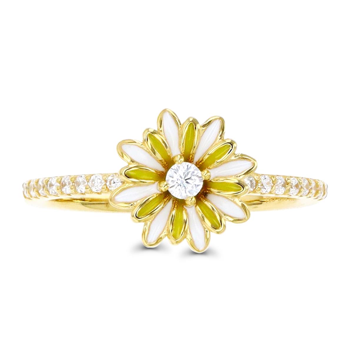Sterling Silver Yellow & White CZ and White /Yellow Enamel Sunflower Ring