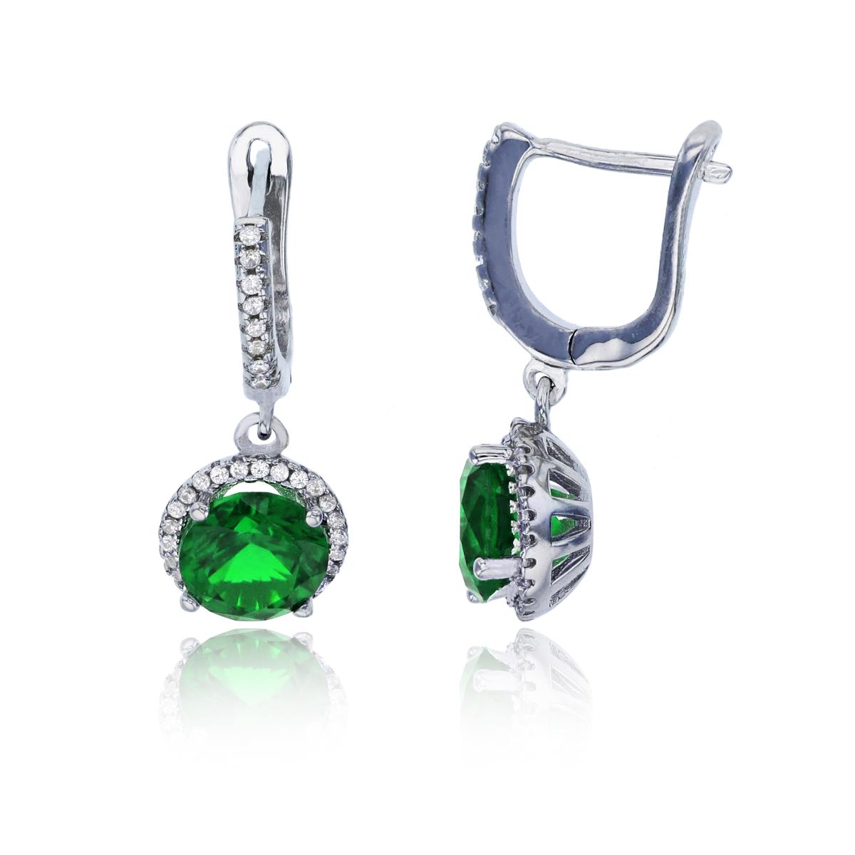 Sterling Silver Rhodium 8mm Green Rd Stone  Halo Latchback Dangling Earring