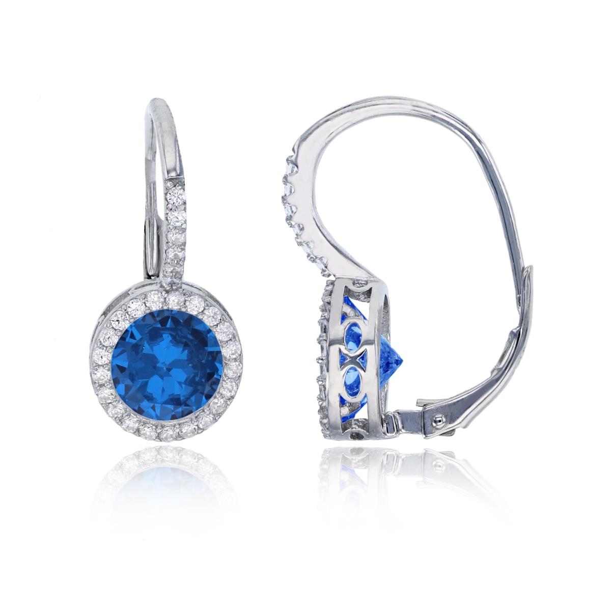 Sterling Silver Rhodium 8mm London Blue Round Cut Stone Halo Lever Back Earring